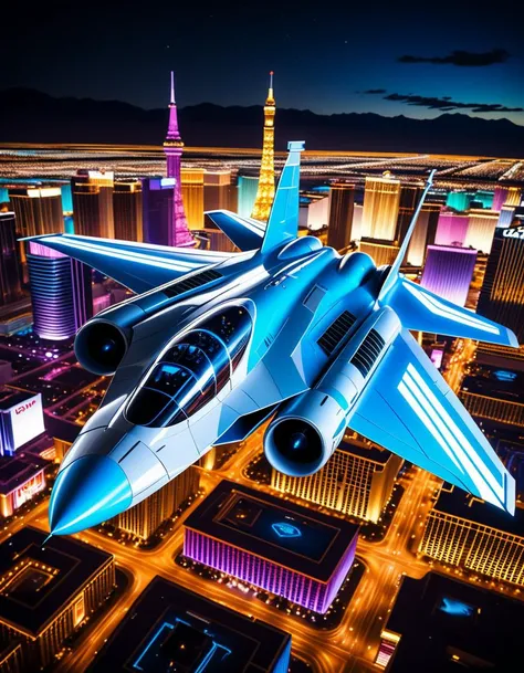 (Futuristic fighter jet over illuminated city:1.3), Dynamic diagonal composition, Sleek aerodynamic fuselage, Opaque cockpit, Smooth curved surface, Geometric patterns, (Wide angular wings with pointed extensions:1.2), Neon concentric circles, (Blue and white glowing lights:1.2), Bright blue propulsion beams, Hovering motion, (Glowing propulsor details:1.3), (Cityscape of Las Vegas:1.2), Bright neon signs, Iconic buildings, (Vibrant color contrasts:1.2), Dark starry night sky, Partial illumination on city structures, Dramatic shadows, (High-tech futuristic ambiance:1.3), Bold digital textures, Sharp luminous contrasts.Masterpiece,best quality,hi res,8k,hi res,8k,award winning,(sharp focus, intricate, highly detailed),