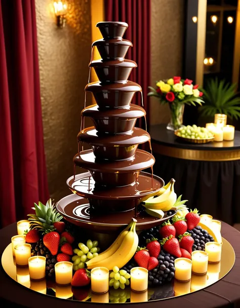 (Large chocolate fountain with flowing tiers:1.3), Centered composition, Rich molten chocolate cascading, Layered design, (Glossy reflections:1.2), Surrounding fresh fruits, Bright red strawberries, Golden pineapple slices, Ripe green grapes, (Banana slices:1.2), Neatly arranged platters, Decorative whole pineapple, Dark chocolate squares, (Lavish feast setting:1.2), Festive ambiance in background, Soft glowing string lights, Candles casting warm glow, Balloons in pastel colors, Rich burgundy and gold drapery, (Warm ambient lighting:1.3), Bright highlights reflecting off chocolate, Cozy atmosphere.Masterpiece,best quality,hi res,8k,hi res,8k,award winning,(sharp focus, intricate, highly detailed),