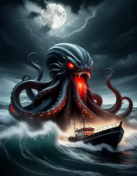 digital illustration, (Enormous kraken-like sea monster emerging from stormy waters:1.3), Dramatic composition, Menacing appearance, Bulky head, (Sinuous muscled tentacles:1.2), (Red glowing eyes:1.3), Fixated gaze, (Small boat in background:1.2), Slightly tilted, Waves crashing, Mast visible, No crew, (Agitated waves with white crests:1.2), Dark water, Light reflections, (Stormy sky with thick dark clouds:1.3), White light bursts, (Backlight from moon or lightning:1.2), Chaotic and mysterious ambiance, Pronounced light and shadow contrasts.Masterpiece,best quality,hi res,8k,hi res,8k,award winning,(sharp focus, intricate, highly detailed),