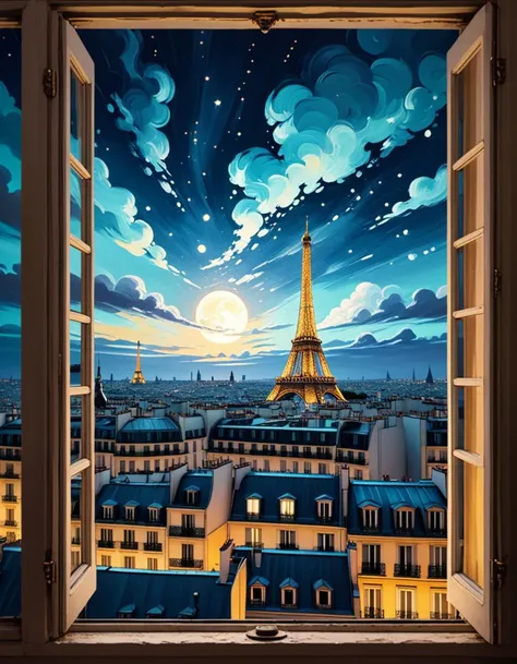 Wide angle oil painting in the style of Vincent van Gogh, (View from window of Parisian motel:1.3), Asymmetrical composition, Ornate iron window frame, (Night sky filled with stars:1.2), Swirling clouds, Illuminated city rooftops, Distant glowing street lamps, (Lively Paris streets below:1.2), Cobbled pathways, Flickering lanterns, Silhouetted figures, (Pale moonlight casting soft shadows:1.3), Dynamic brush strokes, Bold vibrant hues, Deep textures.Masterpiece,best quality,hi res,8k,hi res,8k,award winning,(sharp focus, intricate, highly detailed),