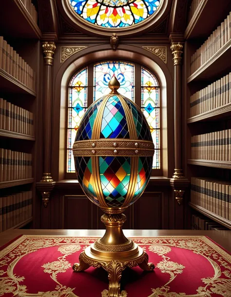 Digital illustration, a Fabergé egg displayed prominently in the library of a Russian tsar. This exquisitely crafted egg, adorned with precious gems and intricate gold filigree, stands on a pedestal surrounded by ornate bookshelves filled with leather-bound tomes. The library's architecture reflects opulent Tsarist Russia, with high ceilings, grand arches, and rich wood paneling. Soft light filters through a stained glass window, casting colorful patterns on the egg and illuminating its delicate craftsmanship. The setting is serene and majestic, encapsulating the luxurious and historical essence of the period, where art and literature meet in the heart of a tsar's private sanctum.Masterpiece,best quality,hi res,8k,hi res,8k,award winning,(sharp focus, intricate, highly detailed),extremely detailed