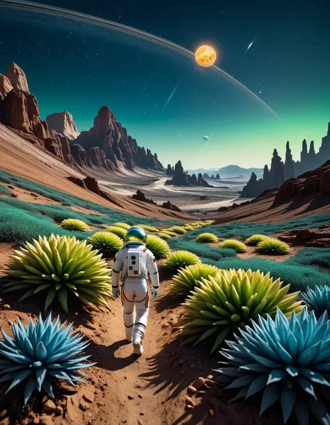 Wide angle digital illustration, (Astronaut in a futuristic spacesuit:1.3), Central composition, Metallic gray suit, Reflective helmet, Advanced gadgets, (Walking on rugged alien terrain:1.2), Small hills and winding paths, (Gigantic extraterrestrial plants:1.3), Translucent bioluminescent stems, Large mushroom-like caps, (Glowing blue and green hues:1.2), Luminous filaments, Distant celestial background, (Immense Jupiter-like planet:1.3), Beige-orange cloud bands, Illuminated by distant sunlight, (Small moon hovering nearby:1.2), Deep blue starry sky, Subtle golden glow, Soft bluish-green lighting, Dreamlike extraterrestrial ambiance.Masterpiece,best quality,hi res,8k,hi res,8k,award winning,(sharp focus, intricate, highly detailed),