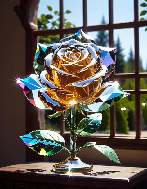 extremely detailed 32k UHD RAW photo depicting a (crystal rose sculpture:1.6), (transparent petals:1.3) enhanced with silver,(entirely made of crystal:1.3), showcasing a multifaceted (translucent crystal rose:1.3) with a prismatic effect as light passes through, transparent crystal rose), light diffraction, caustic, magical shop, medieval-fantasy settings, magical lights, details,beautiful sunlight,(ultra sharp focus:2), (detailed windows:2), (thin lines:2), (best quality:1.8),Masterpiece,best quality,hi res,8k,hi res,8k,award winning,(sharp focus, intricate, highly detailed),
