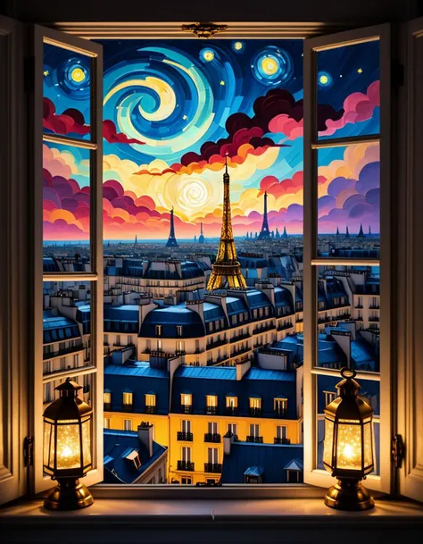 Wide angle oil painting in the style of Vincent van Gogh, (View from window of Parisian motel:1.3), Asymmetrical composition, Ornate iron window frame, (Night sky filled with stars:1.2), Swirling clouds, Illuminated city rooftops, Distant glowing street lamps, (Lively Paris streets below:1.2), Cobbled pathways, Flickering lanterns, Silhouetted figures, (Pale moonlight casting soft shadows:1.3), Dynamic brush strokes, Bold vibrant hues, Deep textures.Masterpiece,best quality,hi res,8k,hi res,8k,award winning,(sharp focus, intricate, highly detailed),
