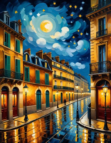 Wide angle oil painting in the style of Vincent van Gogh, (View from window of Parisian motel:1.3), Asymmetrical composition, Ornate iron window frame, (Night sky filled with stars:1.2), Swirling clouds, Illuminated city rooftops, Distant glowing street lamps, (Lively Paris streets below:1.2), Cobbled pathways, Flickering lanterns, Silhouetted figures, (Pale moonlight casting soft shadows:1.3), Dynamic brush strokes, Bold vibrant hues, Deep textures.Masterpiece,best quality,hi res,8k,hi res,8k,award winning,(sharp focus, intricate, highly detailed),