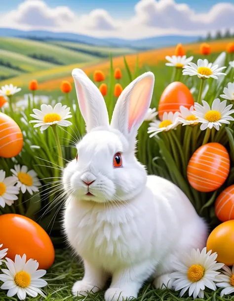 Wide angle watercolor painting, (Fluffy white rabbit eating orange carrot:1.3), Central composition, Soft fur, Lively eyes, (Gentle green grass:1.2), Vibrant orange carrot, Delicate whiskers, (Bright Easter eggs of varying patterns and sizes:1.3), Scattered among wildflowers, Varied floral designs, Blooming daisies and tulips, (Blue sky with fluffy white clouds:1.2), Light strokes, Airy atmosphere, Playful spring ambiance, Soft natural light, Vibrant color palette, Delicate brush strokes.Masterpiece,best quality,hi res,8k,hi res,8k,award winning,(sharp focus, intricate, highly detailed),