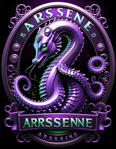 logo, vector, black, purple, green, (TEXT: "ARRSSENNE":1.3), mystic fantasy cyberpunk steampunk Seahorses,octopus, detailed.sci fi,amazing quality, ultra realistic, 3D, HD, best quality, amazing quality, very aesthetic, absurdres