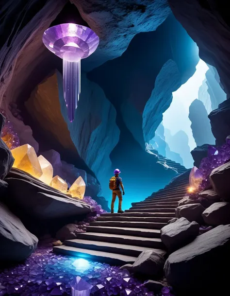 Wide angle digital illustration, (Spelunker standing on stone platform:1.3), Golden spiral composition, Natural rock formations, Helmet light, (Amethyst crystals glowing:1.2), Large transparent crystals, Deep violet to pale blue hues, Giant crystal walls, (Natural stone steps:1.3), Mystical cave depths, Mysterious light source, (Vibrant purple and blue reflections:1.2), Surreal atmosphere, Shimmering crystal surfaces, Radiant glow,Masterpiece,best quality,hi res,8k,hi res,8k,award winning,(sharp focus, intricate, highly detailed),