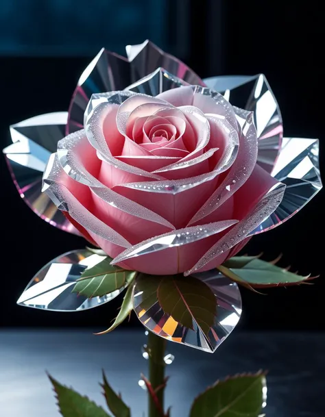 extremely detailed 32k UHD RAW photo depicting a (crystal rose sculpture:1.6), (transparent petals:1.3) enhanced with silver,(entirely made of crystal:1.3), showcasing a multifaceted (translucent crystal rose:1.3) with a prismatic effect as light passes through, transparent crystal rose), light diffraction, caustic, magical shop, medieval-fantasy settings, magical lights, details,beautiful sunlight,(ultra sharp focus:2), (detailed windows:2), (thin lines:2), (best quality:1.8),Masterpiece,best quality,hi res,8k,hi res,8k,award winning,(sharp focus, intricate, highly detailed),