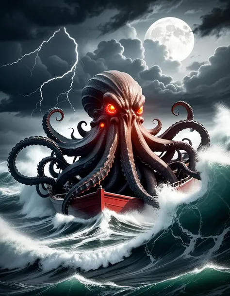 digital illustration, (Enormous kraken-like sea monster emerging from stormy waters:1.3), Dramatic composition, Menacing appearance, Bulky head, (Sinuous muscled tentacles:1.2), (Red glowing eyes:1.3), Fixated gaze, (Small boat in background:1.2), Slightly tilted, Waves crashing, Mast visible, No crew, (Agitated waves with white crests:1.2), Dark water, Light reflections, (Stormy sky with thick dark clouds:1.3), White light bursts, (Backlight from moon or lightning:1.2), Chaotic and mysterious ambiance, Pronounced light and shadow contrasts.Masterpiece,best quality,hi res,8k,hi res,8k,award winning,(sharp focus, intricate, highly detailed),