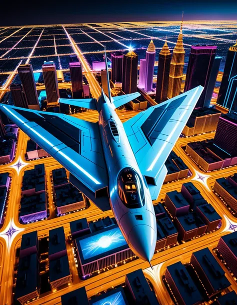 (Futuristic fighter jet over illuminated city:1.3), Dynamic diagonal composition, Sleek aerodynamic fuselage, Opaque cockpit, Smooth curved surface, Geometric patterns, (Wide angular wings with pointed extensions:1.2), Neon concentric circles, (Blue and white glowing lights:1.2), Bright blue propulsion beams, Hovering motion, (Glowing propulsor details:1.3), (Cityscape of Las Vegas:1.2), Bright neon signs, Iconic buildings, (Vibrant color contrasts:1.2), Dark starry night sky, Partial illumination on city structures, Dramatic shadows, (High-tech futuristic ambiance:1.3), Bold digital textures, Sharp luminous contrasts.Masterpiece,best quality,hi res,8k,hi res,8k,award winning,(sharp focus, intricate, highly detailed),