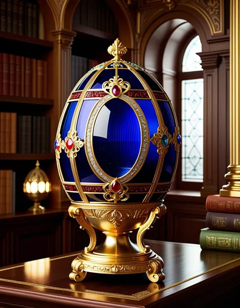 Digital illustration, a Fabergé egg displayed prominently in the library of a Russian tsar. This exquisitely crafted egg, adorned with precious gems and intricate gold filigree, stands on a pedestal surrounded by ornate bookshelves filled with leather-bound tomes. The library's architecture reflects opulent Tsarist Russia, with high ceilings, grand arches, and rich wood paneling. Soft light filters through a stained glass window, casting colorful patterns on the egg and illuminating its delicate craftsmanship. The setting is serene and majestic, encapsulating the luxurious and historical essence of the period, where art and literature meet in the heart of a tsar's private sanctum.Masterpiece,best quality,hi res,8k,hi res,8k,award winning,(sharp focus, intricate, highly detailed),extremely detailed