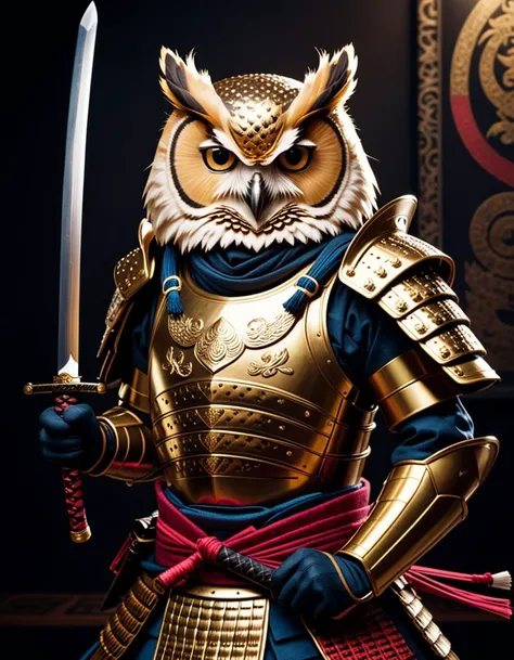 inkpunk, anthropomorphic Siamese owl Samurai, (samurai armor:1.2), Japanese painting style, holding a katana, cinematic lighting, golden ratio, perfect composition, elegant, no crop, 4k, sharp focus, masterpiece, backlight, cinematic, highly detailed, extremely colorful, vibrant, dark, moody lighting. owl Samourai,Masterpiece,best quality,hi res,8k,hi res,8k,award winning,(sharp focus, intricate, highly detailed),
