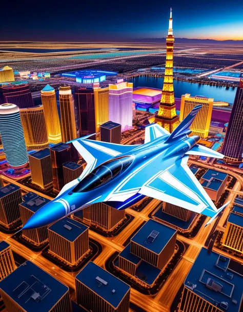 (Futuristic fighter jet over illuminated city:1.3), Dynamic diagonal composition, Sleek aerodynamic fuselage, Opaque cockpit, Smooth curved surface, Geometric patterns, (Wide angular wings with pointed extensions:1.2), Neon concentric circles, (Blue and white glowing lights:1.2), Bright blue propulsion beams, Hovering motion, (Glowing propulsor details:1.3), (Cityscape of Las Vegas:1.2), Bright neon signs, Iconic buildings, (Vibrant color contrasts:1.2), Dark starry night sky, Partial illumination on city structures, Dramatic shadows, (High-tech futuristic ambiance:1.3), Bold digital textures, Sharp luminous contrasts.Masterpiece,best quality,hi res,8k,hi res,8k,award winning,(sharp focus, intricate, highly detailed),