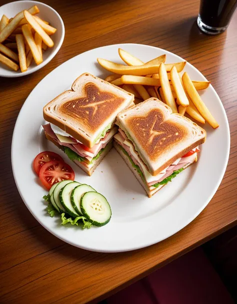 Top-down view digital photography, (Club sandwich neatly arranged on white plate:1.2), Centered composition, Crisp toasted bread, Layers of turkey, bacon, lettuce, tomato, and cheese, (Golden brown crust:1.3), Garnished with fresh parsley, Accompanied by a side of crisp fries, Wooden table with subtle grain patterns, (Soft ambient restaurant lighting:1.2), Captured with a Canon EOS R5, 50mm f/1.8 lens, High dynamic range, vivid colors, rich textures, clear shadows and highlights, realistic, enhanced contrast.Masterpiece,best quality,hi res,8k,hi res,8k,award winning,(sharp focus, intricate, highly detailed),