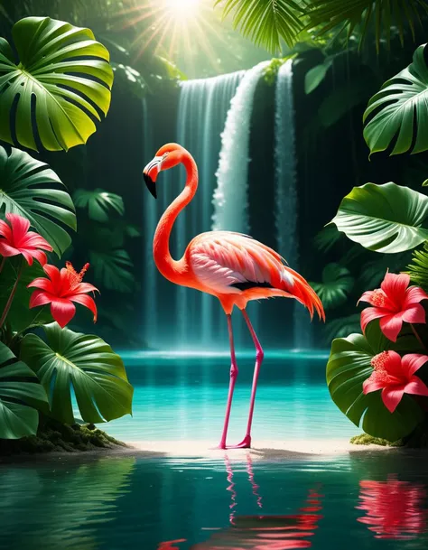Wide angle digital illustration, (Vibrant flamingo standing in turquoise water:1.3), Central composition, Immersed mid-leg, (Bright pink plumage with red and white hues:1.2), Holding a silver fish in its beak, Dynamic water splashes, (Majestic waterfall background:1.2), Cascading water spanning the full width, (Gentle mist at the base:1.2), Sun rays filtering through dense jungle trees, (Lush tropical foliage:1.3), Green monstera leaves, Palm fronds, (Hanging vines:1.2), Bright red flowers on the left, Soft yet bright lighting, Sunny tropical moment, Natural shadow play, Enhanced contrasts, Rich color palette.Masterpiece,best quality,hi res,8k,hi res,8k,award winning,(sharp focus, intricate, highly detailed),