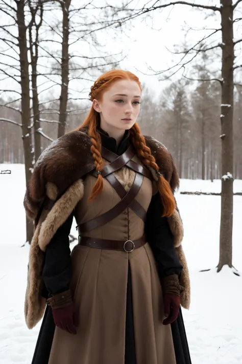 sophieturnerlm, woman, standing in the snow next to a large white tree with dark red leaves, hair in braids, wearing a (medieval wolf pelt wrapped around her and earth tone clothes), realistic, photo, photorealistic, sharp contrast, movie lighting, color grade, game of thrones, <lora:sophieturnerlm:1.0> <lora:epi_noiseoffset2:1>