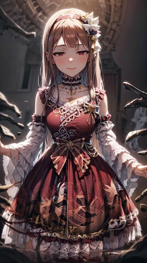 masterpiece, best quality, ultra-detailed, glistening shiny, glowing light, ray tracing, HDR, deph of field, (perfect face, detailed face, detailed eyes,perfect hands,perfect fingers), 8k,HD,ultra realistic face,ray tracing,perfect lighting,best quality, ultra-detailed,
kotoha tanaka, long hair, smile, hairband, xzml \(manaka nemu\), red dress, from below,
<lora:kotoha_tanaka_v1:0.7>b<lora:sensualface_type1:1> <lora:Dress No.16 V3 xzml:1>