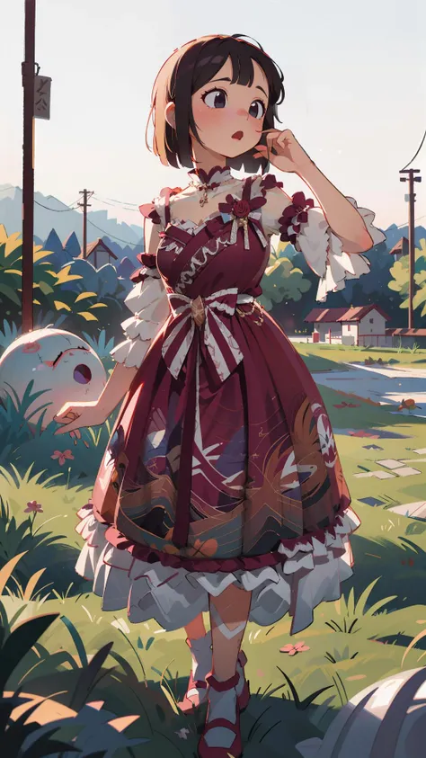 best quality, ultra high res, (photorealistic:1.4), masterpiece, highres, original, extremely detailed wallpaper,
lawn, sky,
1girl, solo, xzml \(manaka nemu\), red dress,
arm up, <lora:è´é¢neg4all_bdsqlsz:0.8>,