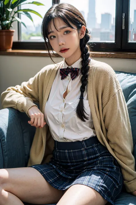 bestquality,masterpiece,highres(photorealistic:1.4),4k,1girl,jkstyle,open_cardigan,skirt,pleatedskirt,cityscape,indoors,twin_braids,asymmetrical bangs,headtilt,hairtie,bowtie,shirt,texture,window,plaid_skirt,Highqualityshadow,Whitepantyhose,Singlelightsource,blurryforeground,depthoffield,lowkey,Filmlighting, <lora:FilmVelvia2:0.4>