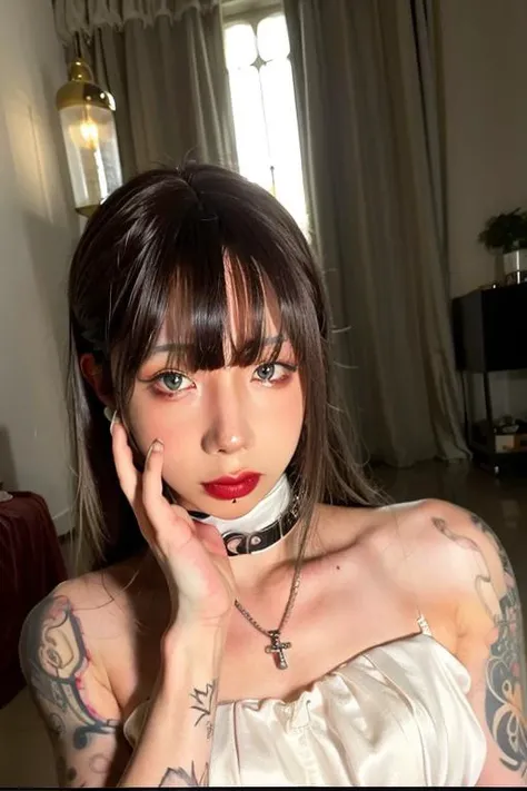 8k, high-res, best quality, (masterpiece:1.2), (realistic, photo-realistic:1.4), ultra-detailed, front view, upper body shot, wedding dress, holding a rosary in hand, Deborah Kerr, high stand collar, Monastic clothes, cathedral, Stained glass, ((makeup)),red lips, (eyeshadow), <lora:shiliuye_jf-000008:0.9>