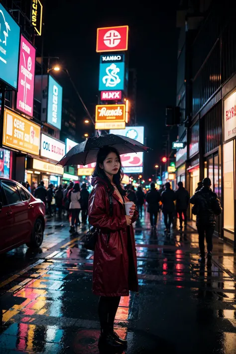 analog style| photograph of woman standing alone in the rain silhouetted by neon lights | Cyberpunk | Night City | Canon EF 50mm f/1.8 STM Lens | 2077 | realistic | hyperrealistic | raytracing | depth of field | full of color | cinematic | highly detailed | rim lighting