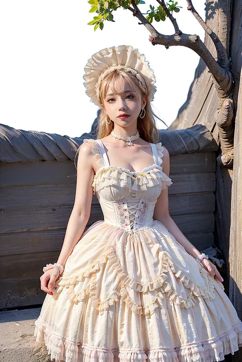 (outdoors, lolita_dress, cowboy shot),  realistic_skin, healthy_skin,  highest detailed, realistic lighting, best quality, masterpiece, 1girl, looking at viewer <lora:koreanDollLikeness:0.4> <lora:lo_dress_floral_style1_v2:0.7>