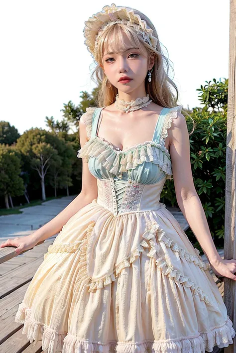 (outdoors, lolita_dress, cowboy shot),  realistic_skin, healthy_skin,  highest detailed, realistic lighting, best quality, masterpiece, 1girl, looking at viewer <lora:koreanDollLikeness:0.4> <lora:lo_dress_floral_style1_v2:0.7>