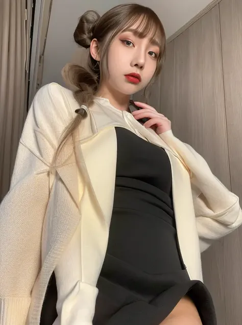 best quality, twintails,ultra high res, (photorealistic:1.4),(18 yo girl), serious, cute, pale skin, hands together in front, background street,(eyeshadow),(business suit),(dress shirt),(pencil skirt), pantyhose,peaceful neighborhood, sunlight,makeup,red lips,beauty, <lora:koreanDollLikeness_v15:0.2> <lora:shiliuyelei-000004:0.85>