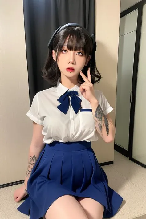 1girl, (short-sleeved JK_shirt),JK_style,(dark blue JK_skirt) ,(bow JK_tie), Brown eyes ,FACE, makeup,red lips, eyeshadow, milf<lora:shiliuye_jf-000002:0.9>