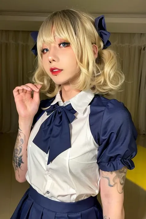 1girl, (short-sleeved JK_shirt),JK_style,(dark blue JK_skirt) ,(bow JK_tie), blonde curly hair,FACE,  makeup,red lips, eyeshadow,,<lora:shiliuye_jf-000008:0.9>