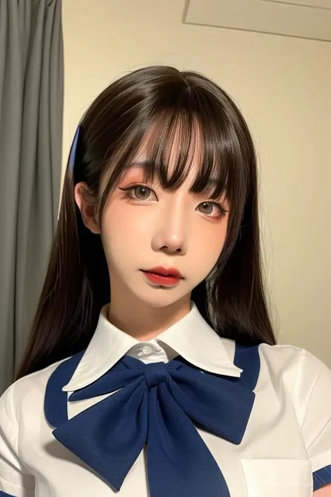 1girl, (short-sleeved JK_shirt),JK_style,(dark blue JK_skirt) ,(bow JK_tie), Brown eyes ,FACE, makeup,red lips, eyeshadow, <lora:shiliuye_jf-000002:0.9>