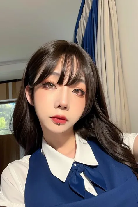 1girl, (short-sleeved JK_shirt),JK_style,(dark blue JK_skirt) ,(bow JK_tie), Brown eyes ,FACE, makeup,red lips, eyeshadow, <lora:shiliuye_jf-000002:0.9>