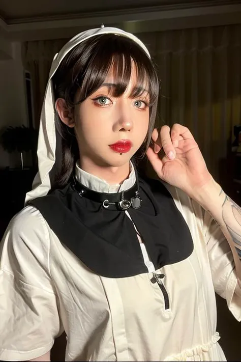 8k, high-res, best quality, (masterpiece:1.2), (realistic, photo-realistic:1.4), ultra-detailed, front view, upper body shot, young nun, holding a rosary in hand, Deborah Kerr, high stand collar, Monastic clothes, cathedral, Stained glass, ((makeup)),red lips, (eyeshadow), <lora:shiliuye_jf-000008:0.9>