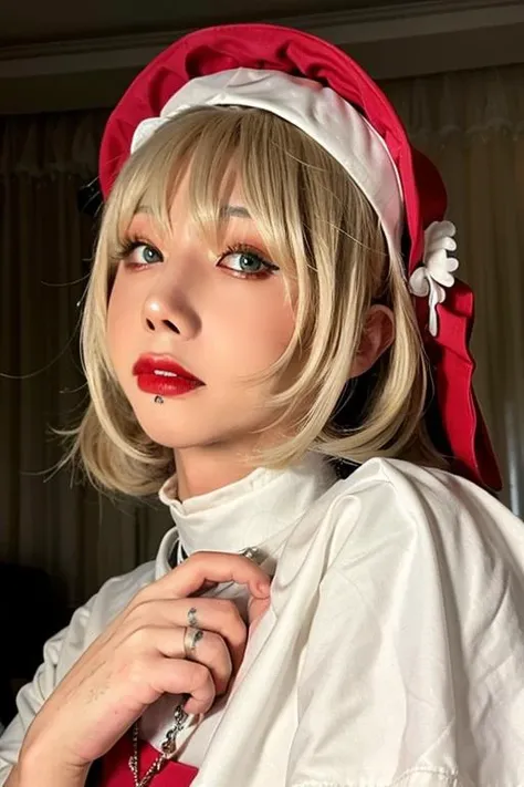 8k, high-res, best quality, (masterpiece:1.2), (realistic, photo-realistic:1.4), ultra-detailed, front view, upper body shot, young nun, holding a rosary in hand, Deborah Kerr, high stand collar, Monastic clothes, cathedral, Stained glass, ((makeup)),red lips, (eyeshadow), <lora:shiliuye_jf-000008:0.9>