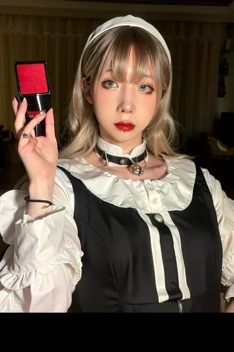 8k, high-res, best quality, (masterpiece:1.2), (realistic, photo-realistic:1.4), ultra-detailed, front view, upper body shot, young nun, holding a rosary in hand, Deborah Kerr, high stand collar, Monastic clothes, cathedral, Stained glass, ((makeup)),red lips, (eyeshadow), <lora:shiliuye_jf-000008:0.9>