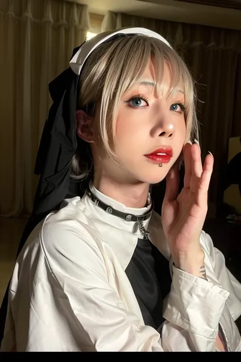 8k, high-res, best quality, (masterpiece:1.2), (realistic, photo-realistic:1.4), ultra-detailed, front view, upper body shot, young nun, holding a rosary in hand, Deborah Kerr, high stand collar, Monastic clothes, cathedral, Stained glass, ((makeup)),red lips, (eyeshadow), <lora:shiliuye_jf-000008:0.9>