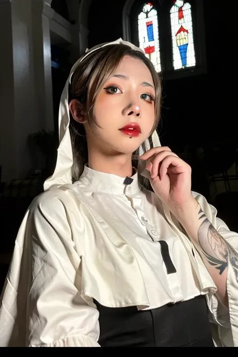 8k, high-res, best quality, (masterpiece:1.2), (realistic, photo-realistic:1.4), ultra-detailed, front view, upper body shot, young nun, holding a rosary in hand, Deborah Kerr, high stand collar, Monastic clothes, cathedral, Stained glass, ((makeup)),red lips, (eyeshadow),  <lora:shiliuye_jf-000008:0.9>