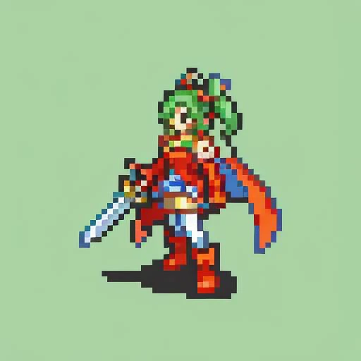 masterpiece, best quality, <lora:FE_V2:1> <lora:tina-nvwls-v1-final:1> tina branford, green hair, cape, earrings, red dress, detached sleeves, hair ribbon, clothes around waist, print legwear, red boots, holding sword