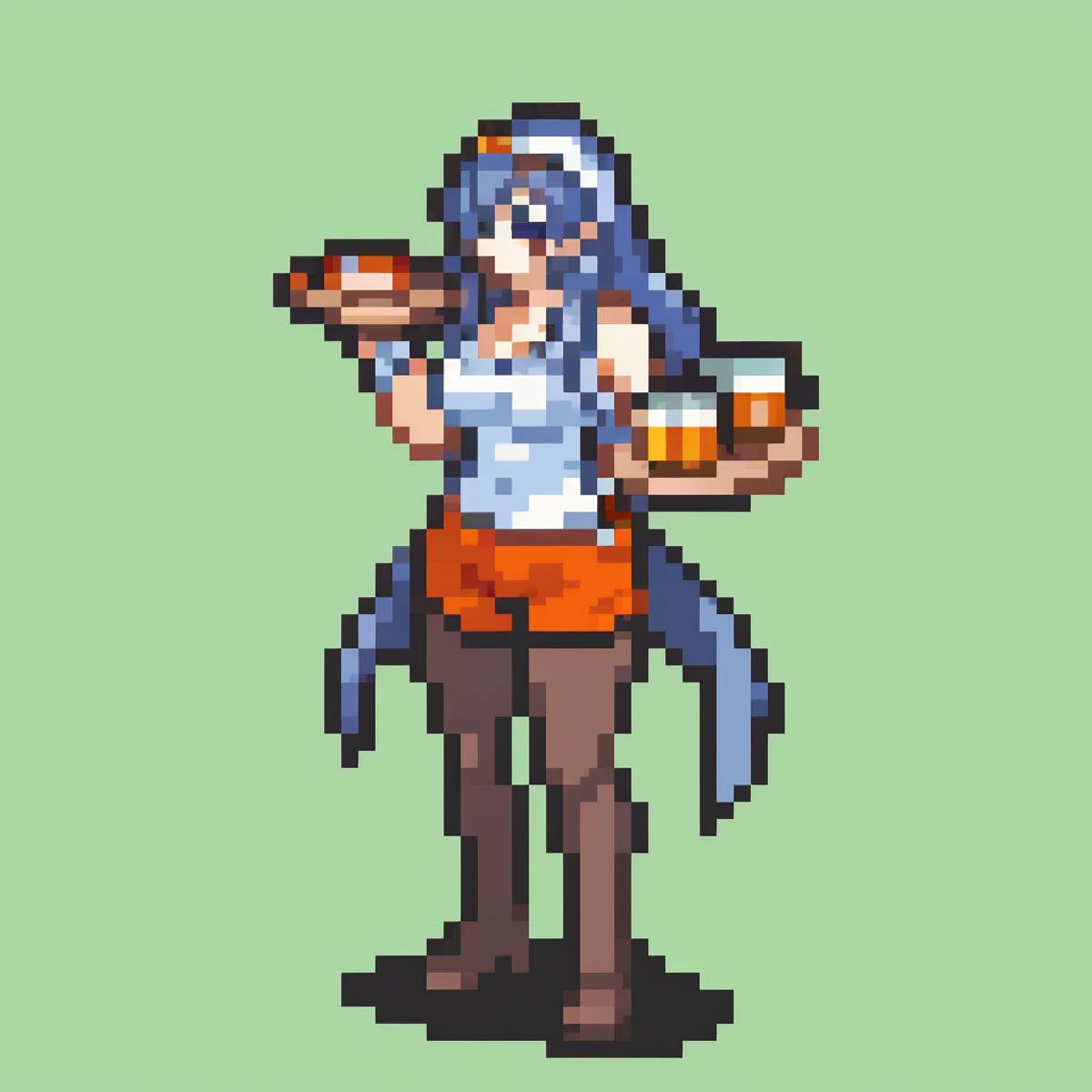 masterpiece, best quality, 1girl, solo, <lora:FE_V2:1> <lora:hooterslucina-fe-richy-v1:1> hooterslucina, white shirt, orange shorts, black pantyhose, full body, holding tray, tray, beer mug,
