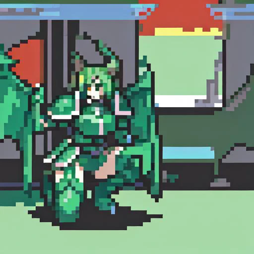((best quality)), ((highly detailed)), masterpiece, absurdres, extremely detailed face, beautiful face, (detailed eyes, deep eyes), (1girl), on one knee, <lora:aiomonstergirls_loraLocon:.8>, dragon girl, <lora:WaifuDragon:.3>, scales, green colored hair, dragon horns, dragon tail, dragon wings, armored boots, (outside, at a town, sunset), <lora:FE_V2:1>, great knight, armor