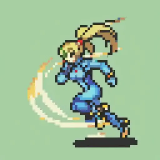 masterpiece, best quality,  <lora:FE_V2:1>  <lora:samus-nvwls-v1-final:1> samus aran, ponytail, hair tie, blue gloves, blue bodysuit, high heels, ponytail, from side, running