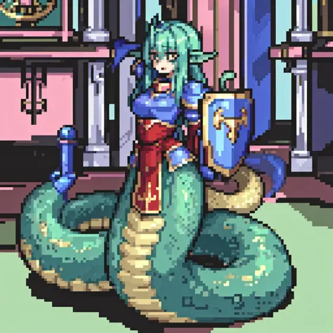 ((best quality)), ((highly detailed)), masterpiece, absurdres, (detailed eyes, deep eyes), <lora:more_details:.4>, (1girl), dynamic pose, upper body, <lora:aiomonstergirls_loraLocon:.6>, <lora:animeLamia_v10:1>, (lamia), scales, tail, merged at waist, standing, (colorful scales), <lora:slit-pupils:1>, snake eyes, (indoors, in an arcade), <lora:FE_V2:.8>, paladin, armor, shield