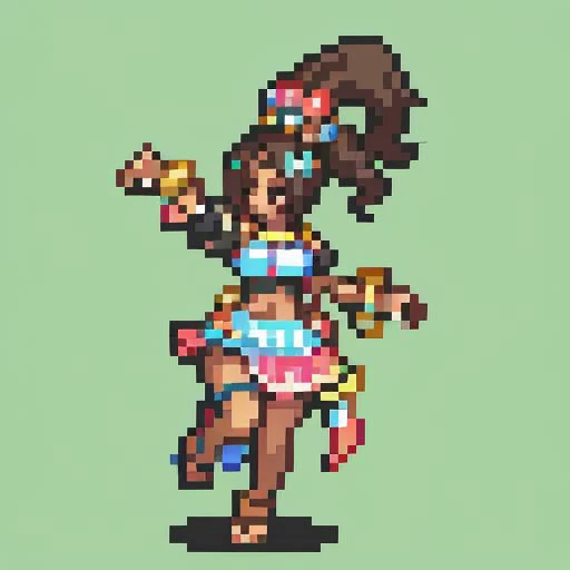 masterpiece, best quality, <lora:FE_V2:1> <lora:timerra-nvwls-v1-final:1> timerra, hair ornament, multicolored beads, crop top, frilled skirt, bracelet, sandals, dancing, dark skin