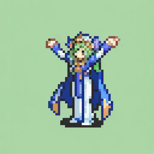 masterpiece, best quality, <lora:FE_V2:1> <lora:rhea-nvwls-v2-final:1> defRhea, headdress, hair flower, tiara, blue cape, long white dress, raised arms