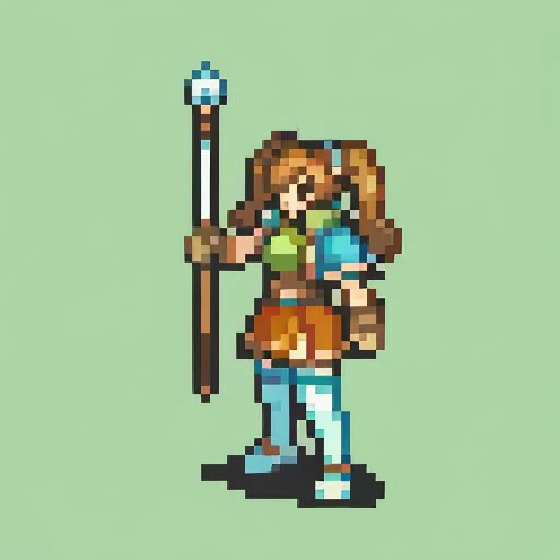 masterpiece, best quality, <lora:FE_V2:1> <lora:estelle-nvwls-v2-final:1> scEstelle, cropped jacket, green shoulder pad, tan shirt, orange skirt, belt, white thighhighs, brown gloves, holding staff