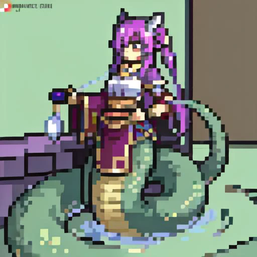 ((best quality)), ((highly detailed)), masterpiece, absurdres, (detailed eyes, deep eyes), <lora:more_details:.4>, (1girl), Forced Perspective, partially submerged, <lora:aiomonstergirls_loraLocon:.6>, <lora:animeLamia_v10:1>, (lamia), scales, tail, merged at waist, standing, (purple scales), <lora:slit-pupils:1>, snake eyes, (inside, in a garage, motorcycle), <lora:FE_V2:.8>, archer, bow \(weapon\)