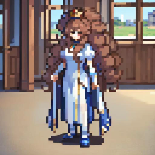 ((best quality)), ((highly detailed)), masterpiece, absurdres, detailed face, beautiful face, (detailed eyes, deep eyes), (1girl), Forced Perspective, full body, princess, ((very long hair)), <lora:big_hair-1.0:1>, big hair, curly hair, light brown hair, large dress, (maxiskirt), crown, (indoors, in a gym), <lora:FE_V2:.9>