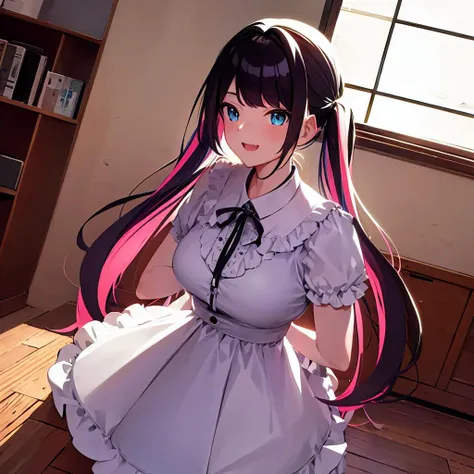 masterpiece, best quality, photorealistic, 3D, shiny_skin, shiny_hair, dynamic angle, beautiful detailed glow, HDR, Rembrandt lighting, colorful refraction, lens flare, bloom, film Reflection, chromatic aberration, light diffusion, public indecency, cowboy shot, deep meaning, physically-based rendering, bright, vibrant, intricate, kaga nazuna,solo,1girl,<lora:kaga nazuna:0.8>,multi-colored hair,twin tail, :d