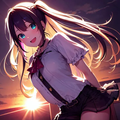 masterpiece, best quality, photorealistic, 3D, shiny_skin, shiny_hair, dynamic angle, beautiful detailed glow, HDR, Rembrandt lighting, colorful refraction, lens flare, bloom, film Reflection, chromatic aberration, light diffusion, public indecency, cowboy shot, deep meaning, physically-based rendering, bright, vibrant, intricate, kaga nazuna,solo,1girl,<lora:kaga nazuna:0.8>,multi-colored hair,twin tail,  :d
